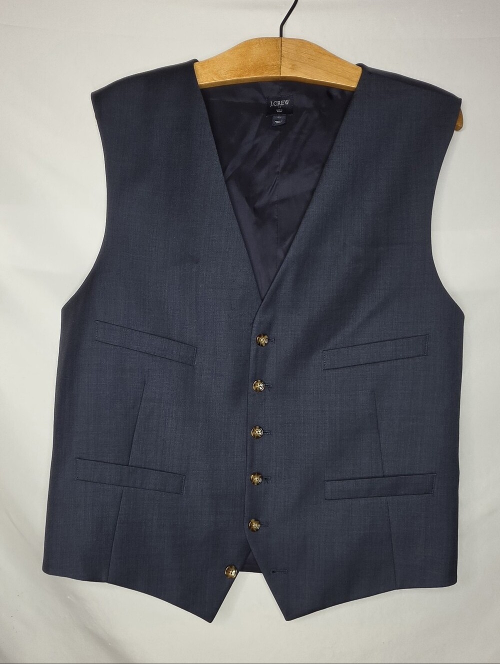 J.Crew Men's XL Suit Vest Navy Blue 100% Wool Waistcoat 6-Button Adjustable Back